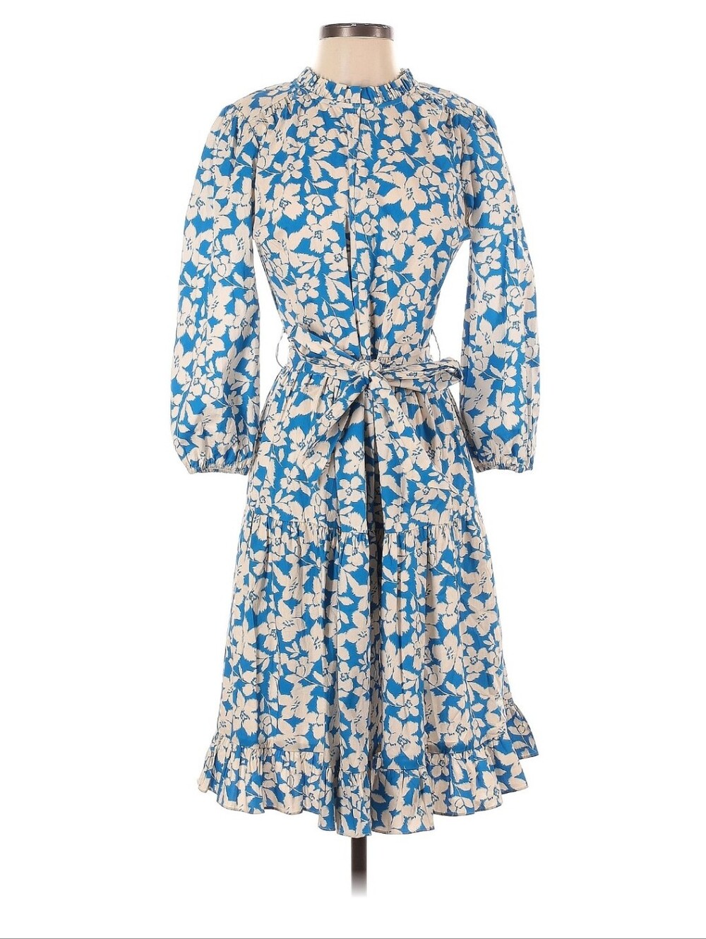 Shoshanna Blue and Cream Floral Tie-Waist Midi Dress